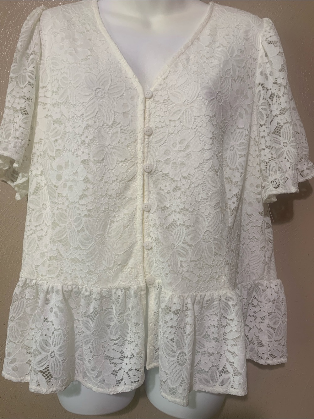 Adrianna Papell XL Off White Floral Lace Button-Front Peplum Top NWT